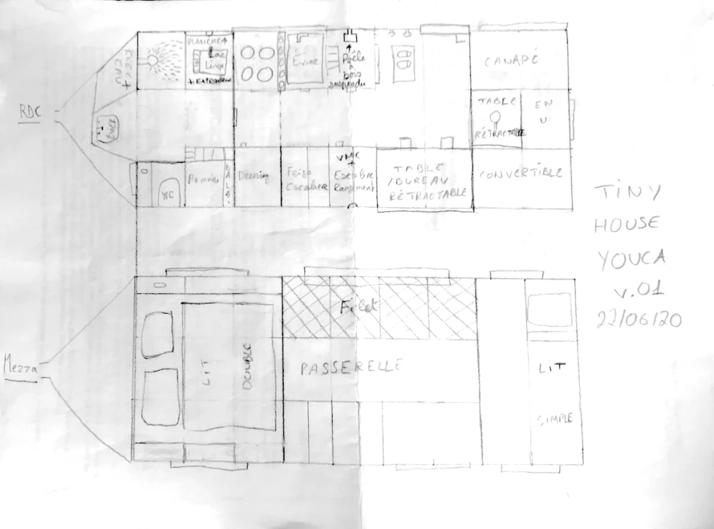 Plan tiny house YOUCA - Esquisse crayon papier