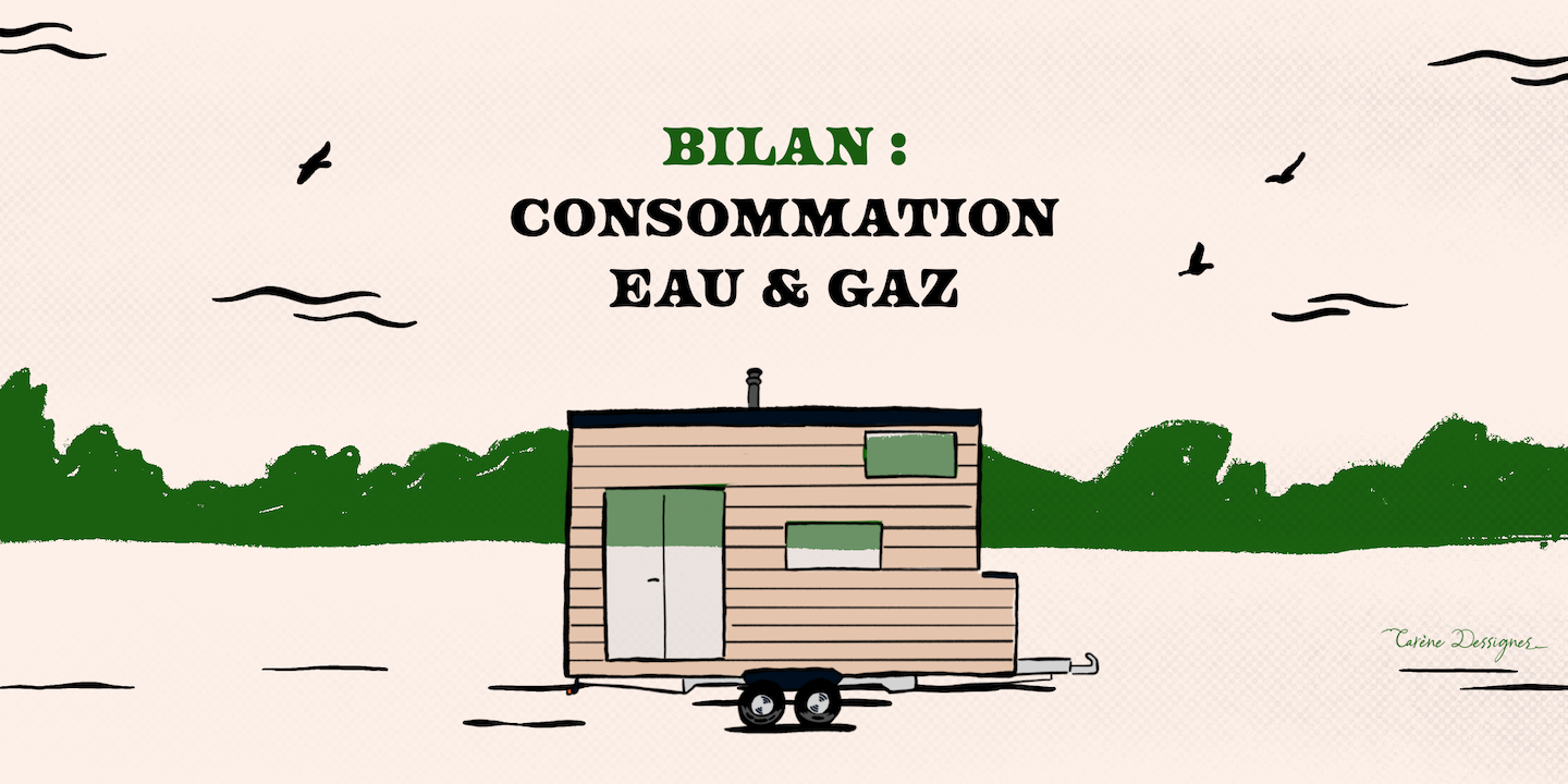 Illustration de la tiny house Youca avec le titre : Bilan consommation eau et gaz - dessin par Carène Dessignes